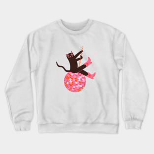 Yeehaw! Lets Party! Cute Cat in cowboy boots riding disco ball illustration Crewneck Sweatshirt